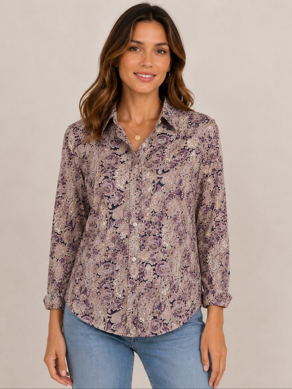 Chaps Paisley Button Down Shirt Women’s 1X No Iron Long Sleeve Purple Tan